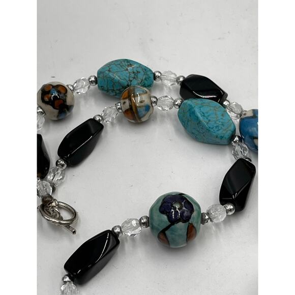 Turquoise, Black Onyx, Faceted Glass and Ceramic Beaded One Strand Necklace - Picture 12 of 12